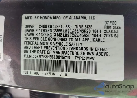 2020 Honda Passport Awd Touring z USA, uszkodzony, nr VIN 5FNYF8H96LB016213
